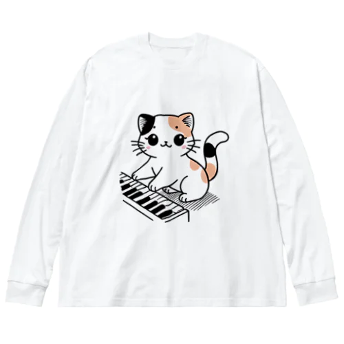 三毛猫とピアノ 01 ビッグシルエットロングスリーブTシャツ