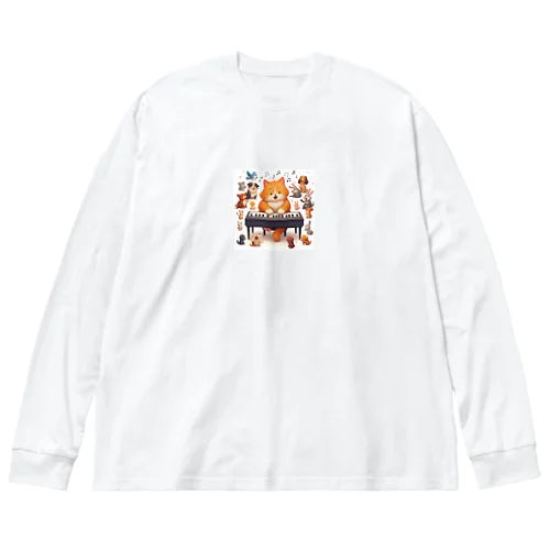 ピアノを弾く猫_アニメ風1 ビッグシルエットロングスリーブTシャツ