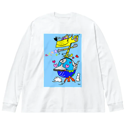 頑張る地球君の上・愛犬ベン・平和の星ビームを放つｖ(ｘｘ）＞ Big Long Sleeve T-Shirt