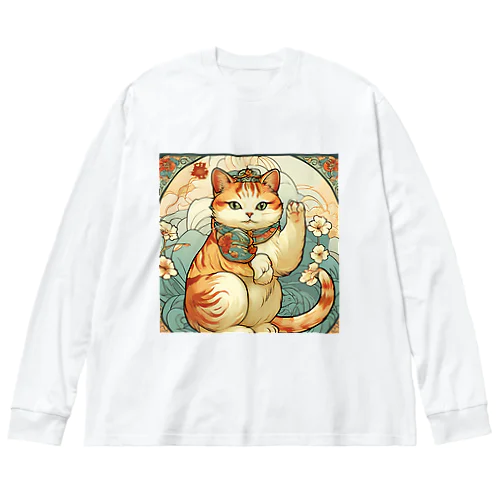 お客様を招く左手招き猫ミュシャ風 ビッグシルエットロングスリーブTシャツ