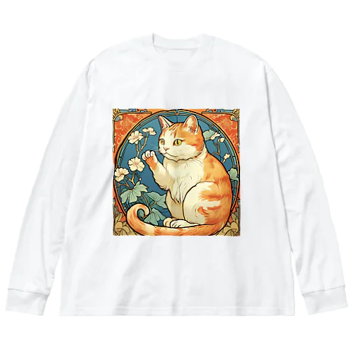 金運招く猫ミュシャ風 ビッグシルエットロングスリーブTシャツ