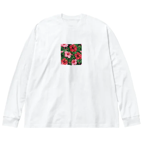 赤色の花ハイビスカス ビッグシルエットロングスリーブTシャツ