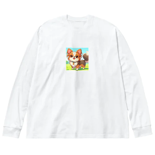 尻尾を振るロングコートチワワ_アニメ風1 ビッグシルエットロングスリーブTシャツ