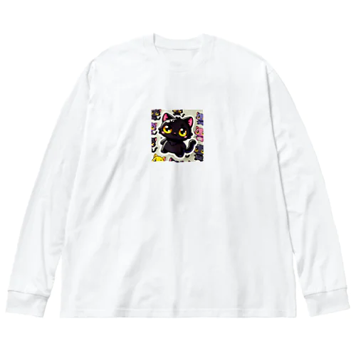 魅惑の黒猫が、カラフルな背景と調和してかわいさを放つシーン Big Long Sleeve T-Shirt