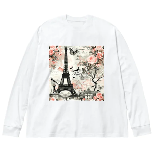 パリ　エッフェル塔　ラブレター　薔薇　蝶々　鳥　綺麗 ビッグシルエットロングスリーブTシャツ