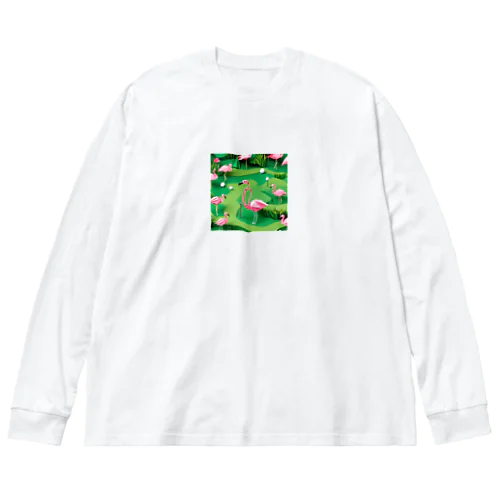 ゴルフをするフラミンゴの折り紙 ビッグシルエットロングスリーブTシャツ