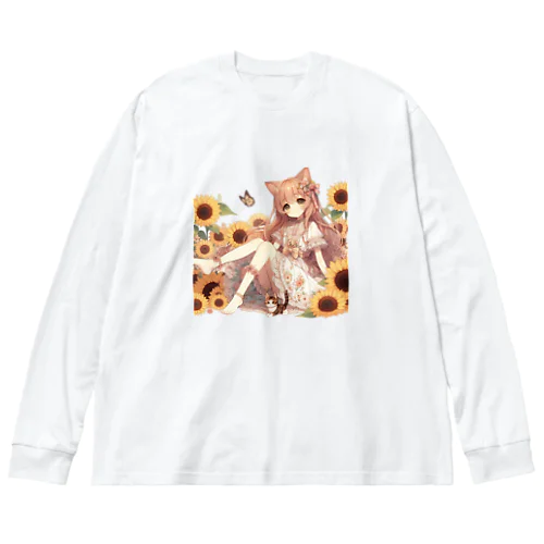 ひまわりと猫娘 ビッグシルエットロングスリーブTシャツ