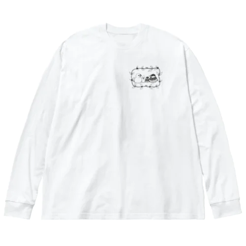 ふわふわおもち文鳥家族 モノクロ2 ビッグシルエットロングスリーブTシャツ