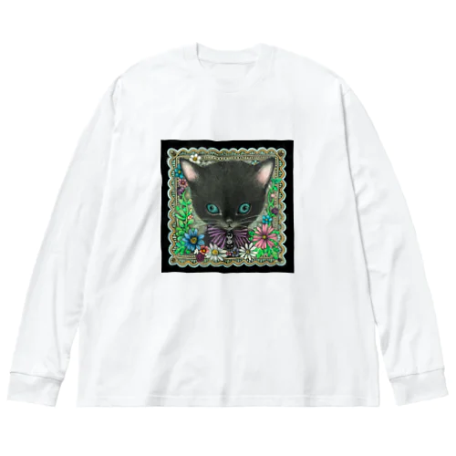 黒猫フラワー ビッグシルエットロングスリーブTシャツ