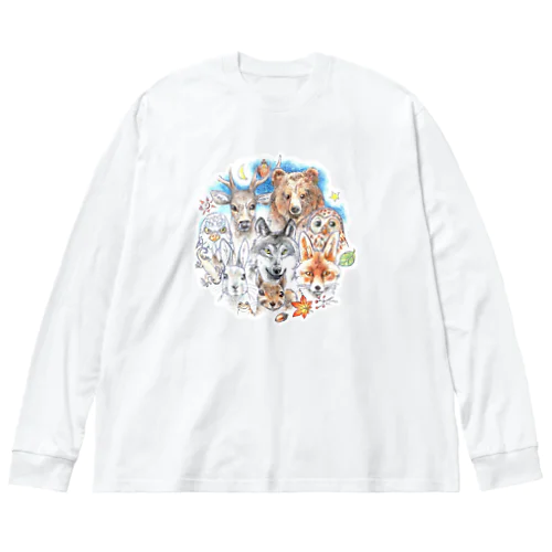 熊・鹿・フクロウ・オオカミ・キツネ・鷹・イモリ・うさぎ・リス・ジョウビタキ ビッグシルエットロングスリーブTシャツ