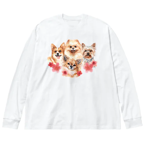 お花の似合う小さい犬たち。 ビッグシルエットロングスリーブTシャツ