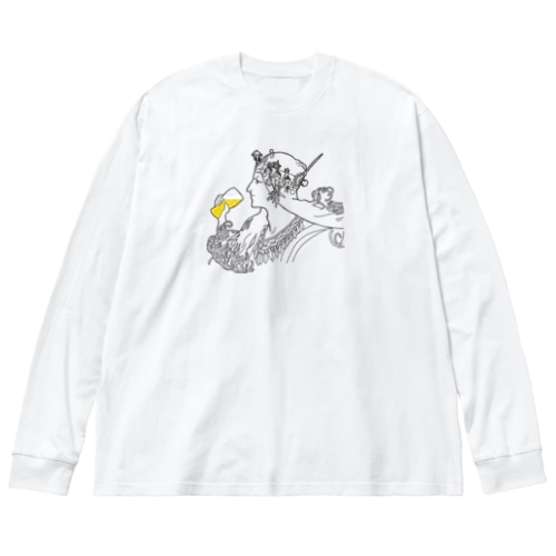 名画 × BEER（ミュシャ）黒線画 *文字なしver. Big Long Sleeve T-Shirt