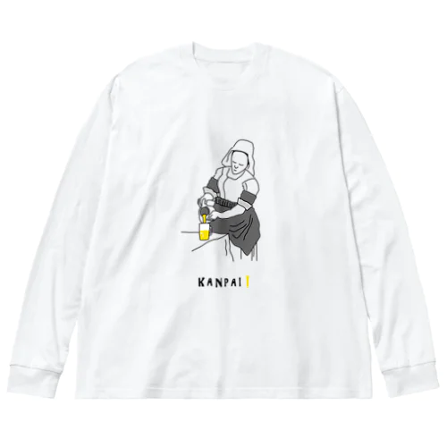 名画 × BEER（牛乳を注ぐ女）黒線画 ビッグシルエットロングスリーブTシャツ