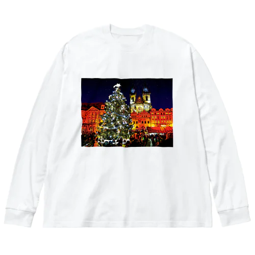 プラハ 夜のクリスマスツリーとティーン教会 ビッグシルエットロングスリーブTシャツ