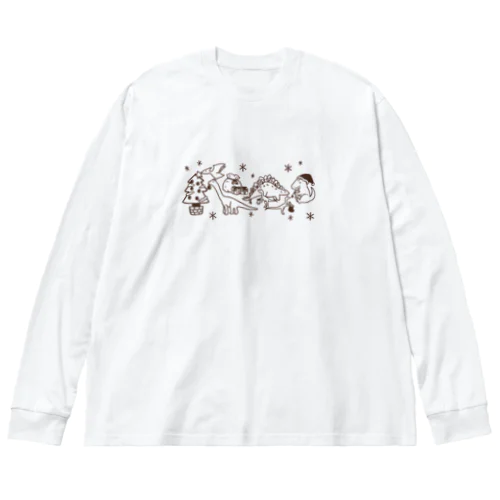 恐竜たちのクリスマス（茶） ビッグシルエットロングスリーブTシャツ