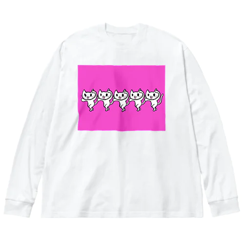 踊るネコネコシリーズ（白ネコ×ビビッドピンク） ビッグシルエットロングスリーブTシャツ