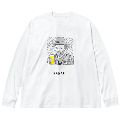 名画 × BEER（ゴッホ自画像）黒線画 Big Long Sleeve T-Shirt