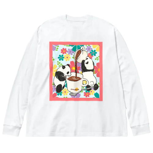 チョコレートぱんだ　スイーツパンダ　昭和レトロ　ポップ　パネル柄 ビッグシルエットロングスリーブTシャツ