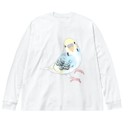 見つめる七色セキセイインコちゃん【まめるりはことり】 ビッグシルエットロングスリーブTシャツ