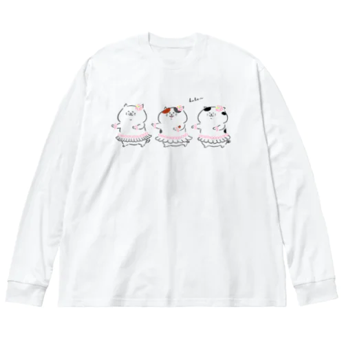 フラダンス猫さん　シンプルver（白、ミケ、白黒ぶち） ビッグシルエットロングスリーブTシャツ