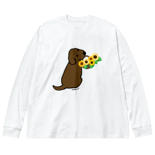 振り向くチョコレートラブラドールとひまわり ビッグシルエットロングスリーブTシャツ