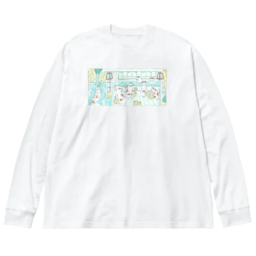 猫の温泉（カラー） ビッグシルエットロングスリーブTシャツ