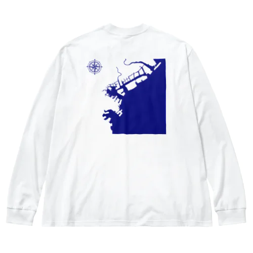 横浜港海岸Map / Navy Ocean Big Long Sleeve T-Shirt