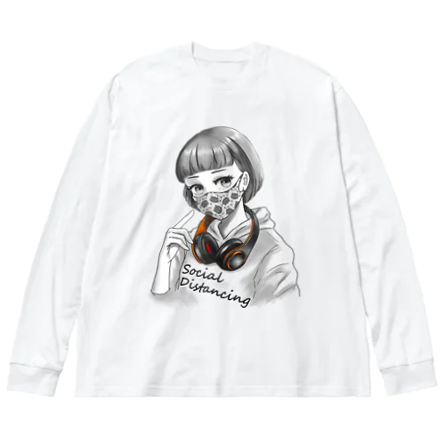 にゃんこマスク 文字黒 ビッグシルエットロングスリーブTシャツ