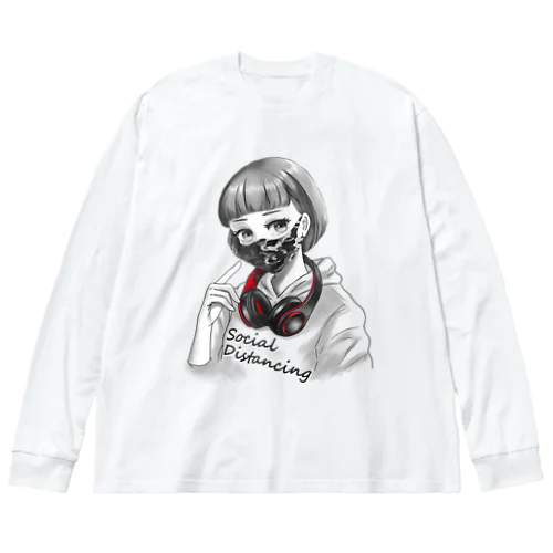 迷彩マスク モノクロ　文字黒 ビッグシルエットロングスリーブTシャツ