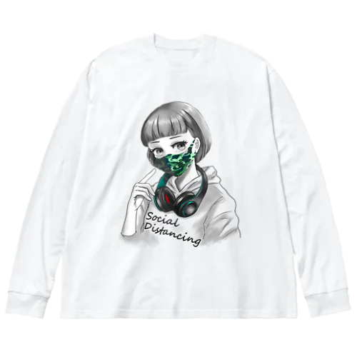 迷彩マスク  グリーン　文字黒 ビッグシルエットロングスリーブTシャツ