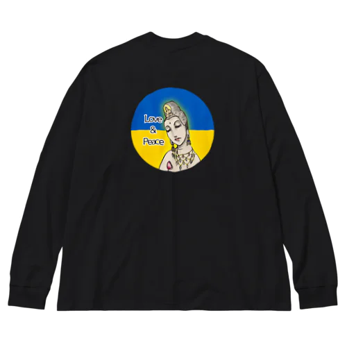Love＆Peace観世音菩薩ウクライナ国旗背景 ビッグシルエットロングスリーブTシャツ