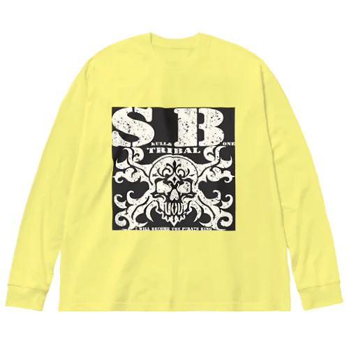 SKULL&BONE TRIBAL GRUNGE WHT ON BLK ビッグシルエットロングスリーブTシャツ