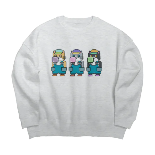 オーバーオールのネコ3匹 Big Crew Neck Sweatshirt