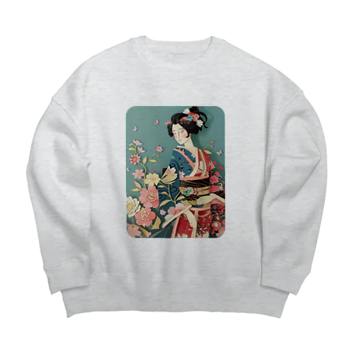 着物女性の切り絵アート　―　Kimono woman paper-cutting art　ー Big Crew Neck Sweatshirt