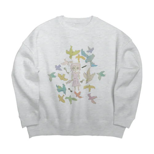 女の子と鳥 Big Crew Neck Sweatshirt