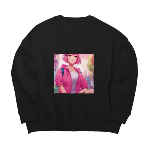 ピンク色のショートヘア女性 Big Crew Neck Sweatshirt