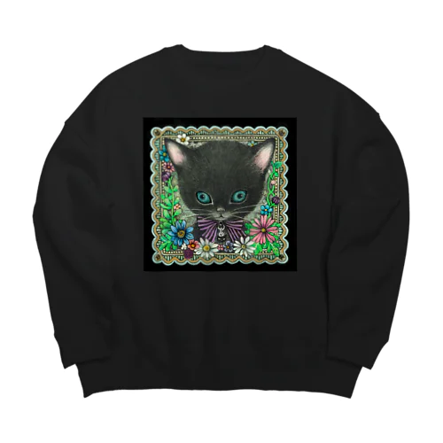 黒猫フラワー Big Crew Neck Sweatshirt