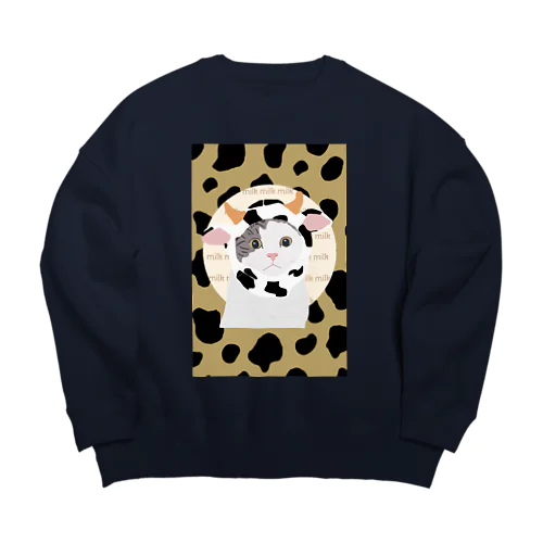 牛柄のネコ 茶 Big Crew Neck Sweatshirt