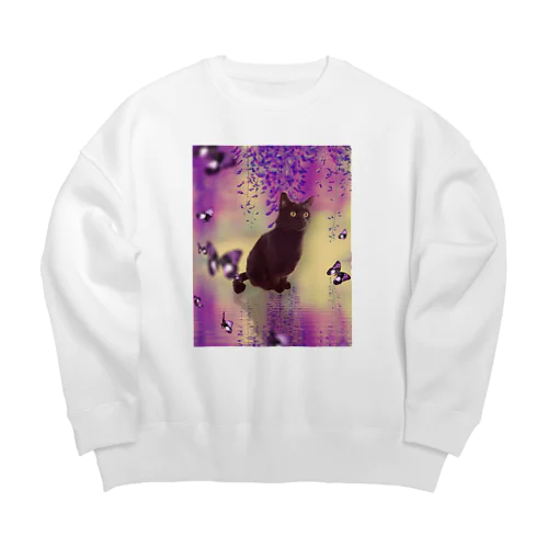 黒猫と藤の花 Big Crew Neck Sweatshirt