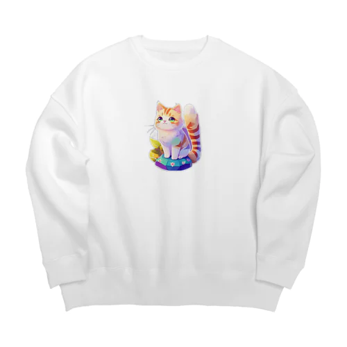 上目遣いで見上げるrainbow cute cat Big Crew Neck Sweatshirt