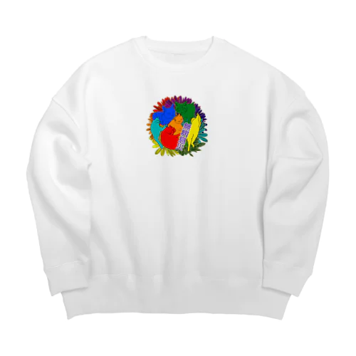 六猫で無病息災・虹色エゾギク背景 Big Crew Neck Sweatshirt