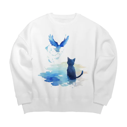 黒猫と青い鳥 Big Crew Neck Sweatshirt