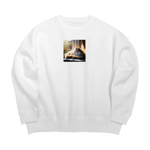 日当たりの良い窓辺でくつろぐモフモフの猫グッズ Big Crew Neck Sweatshirt