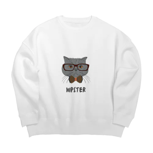 Grey Illustrated Cat Hipster T-Shirt Big Crew Neck Sweatshirt