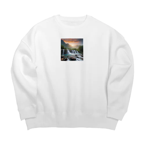 夜明けの滝と山々の美しい自然風景 Big Crew Neck Sweatshirt