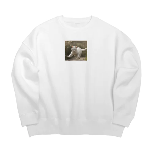 フォトプリント美形白猫 Big Crew Neck Sweatshirt