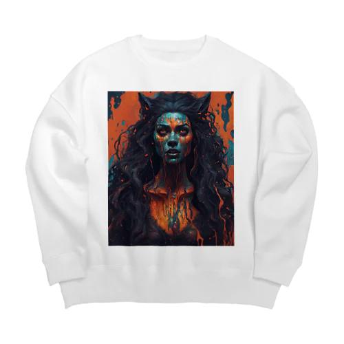 ミステリアスなダークウルフの女性 Big Crew Neck Sweatshirt