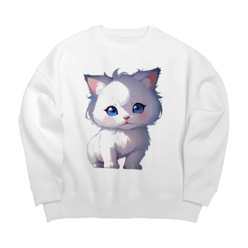 ホワイトにゃんこ Big Crew Neck Sweatshirt