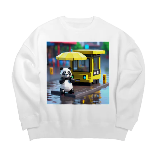 雨の中バス停でバスを待つパンダのイラストグッズ Big Crew Neck Sweatshirt