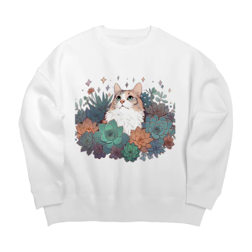 猫と多肉 Big Crew Neck Sweatshirt